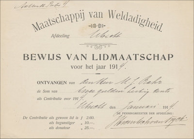 712253 Lidmaatschapsbewijs van de heer Rahr, van de Maatschappij van Weldadigheid, afdeeling Utrecht.